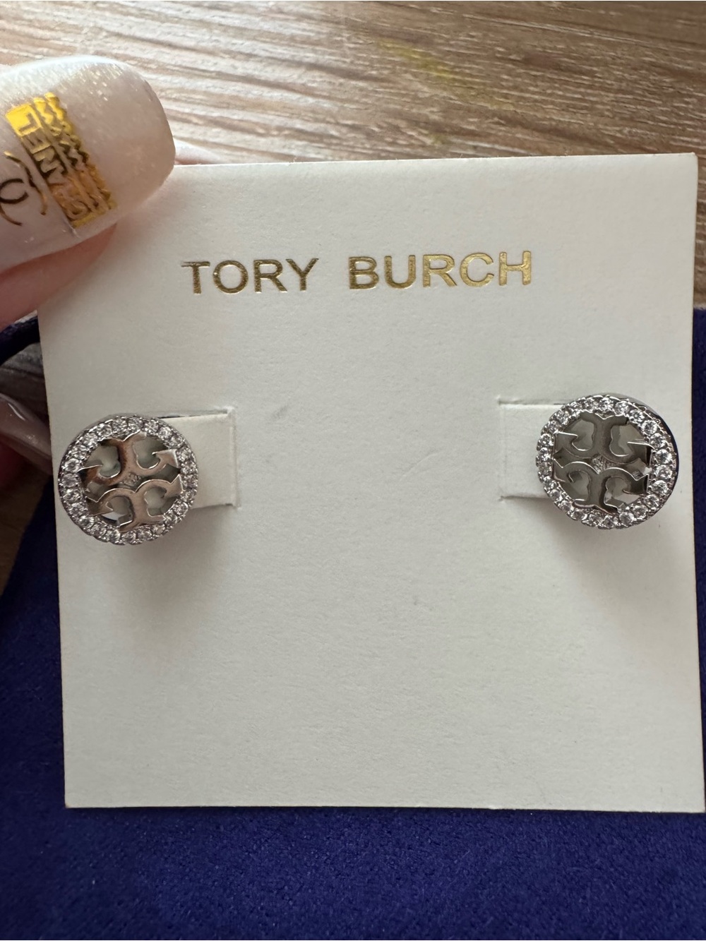 New, Tory Burch Silver Logo Crystal Halo Stud Earrings